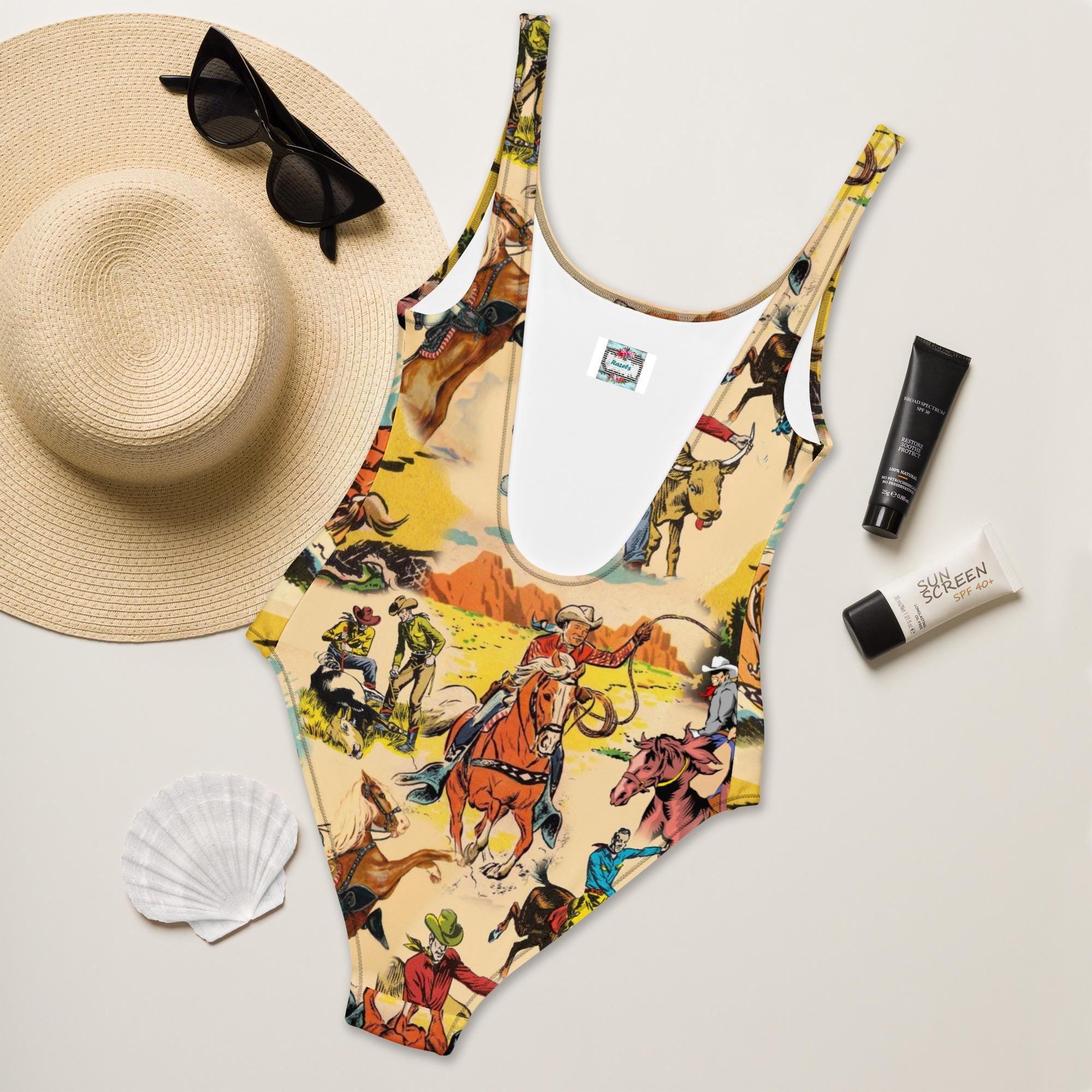 Vintage Cowboy Print One-Piece Swimsuit | Cheeky Western Bathing Suit