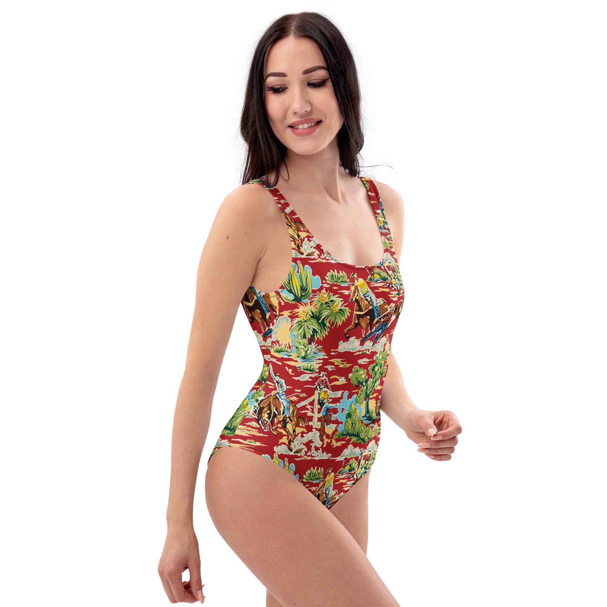 Western Swimsuit, Cowboy Print One Piece, Red Cowgirl Swimwear