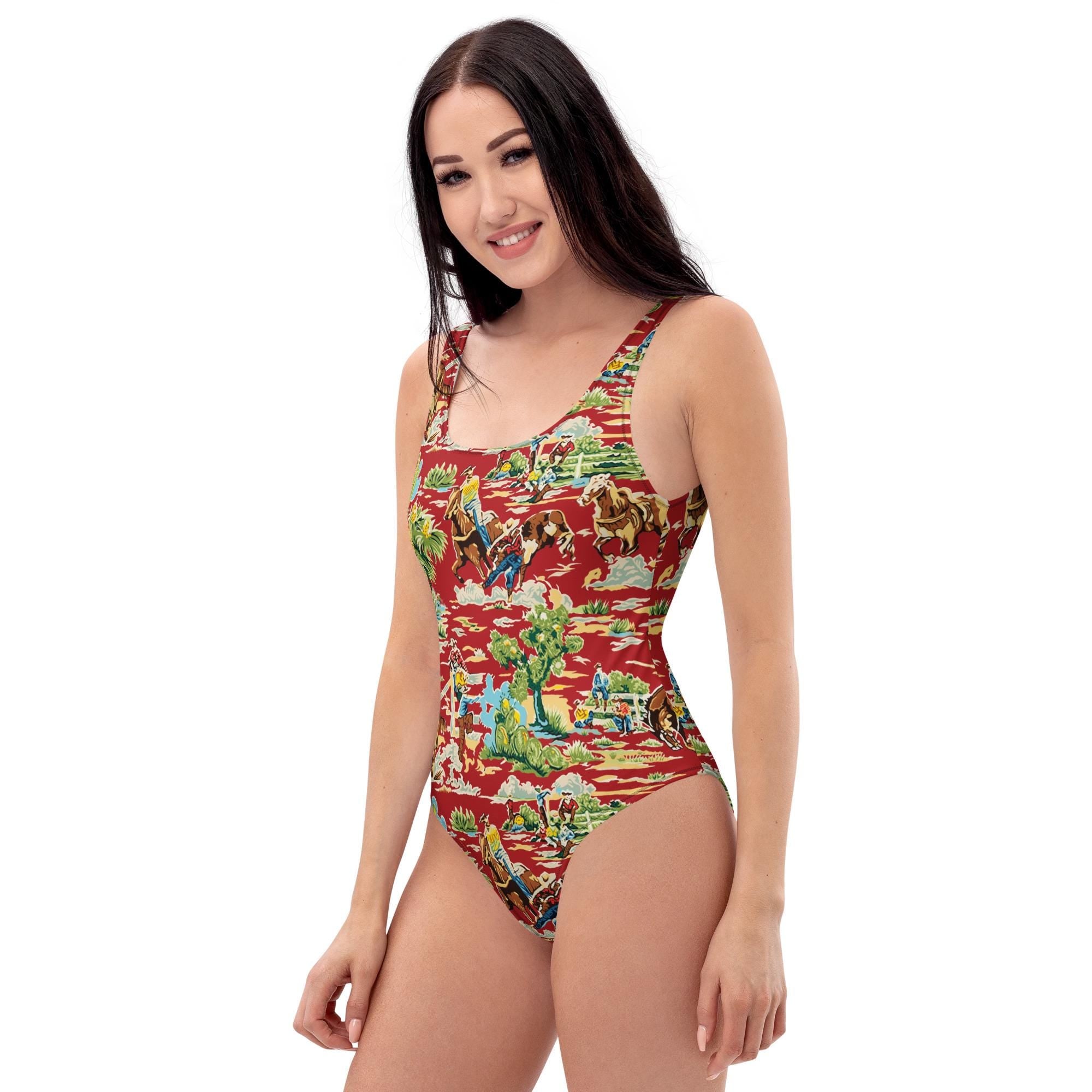 Western Swimsuit, Cowboy Print One Piece, Red Cowgirl Swimwear