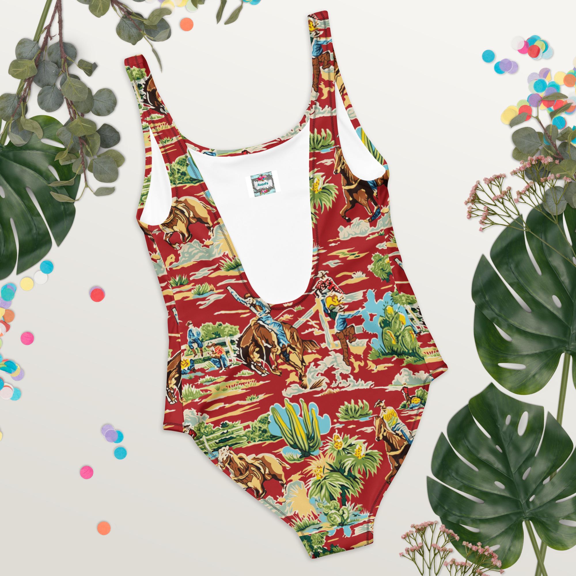 Western Swimsuit, Cowboy Print One Piece, Red Cowgirl Swimwear