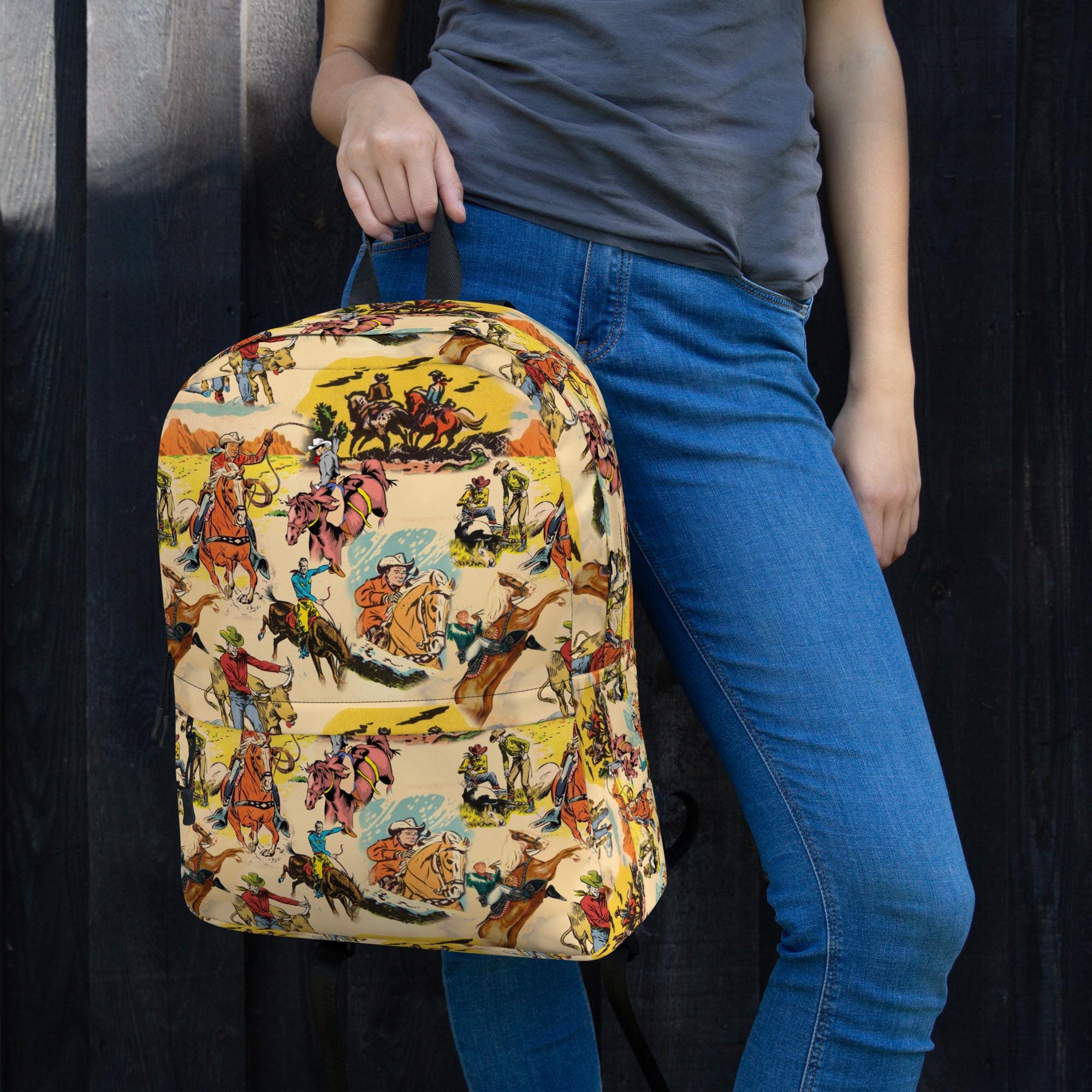 Vintage Cowboy Backpack, Western Laptop Backpack, Yellow Retro Cowboy Bag