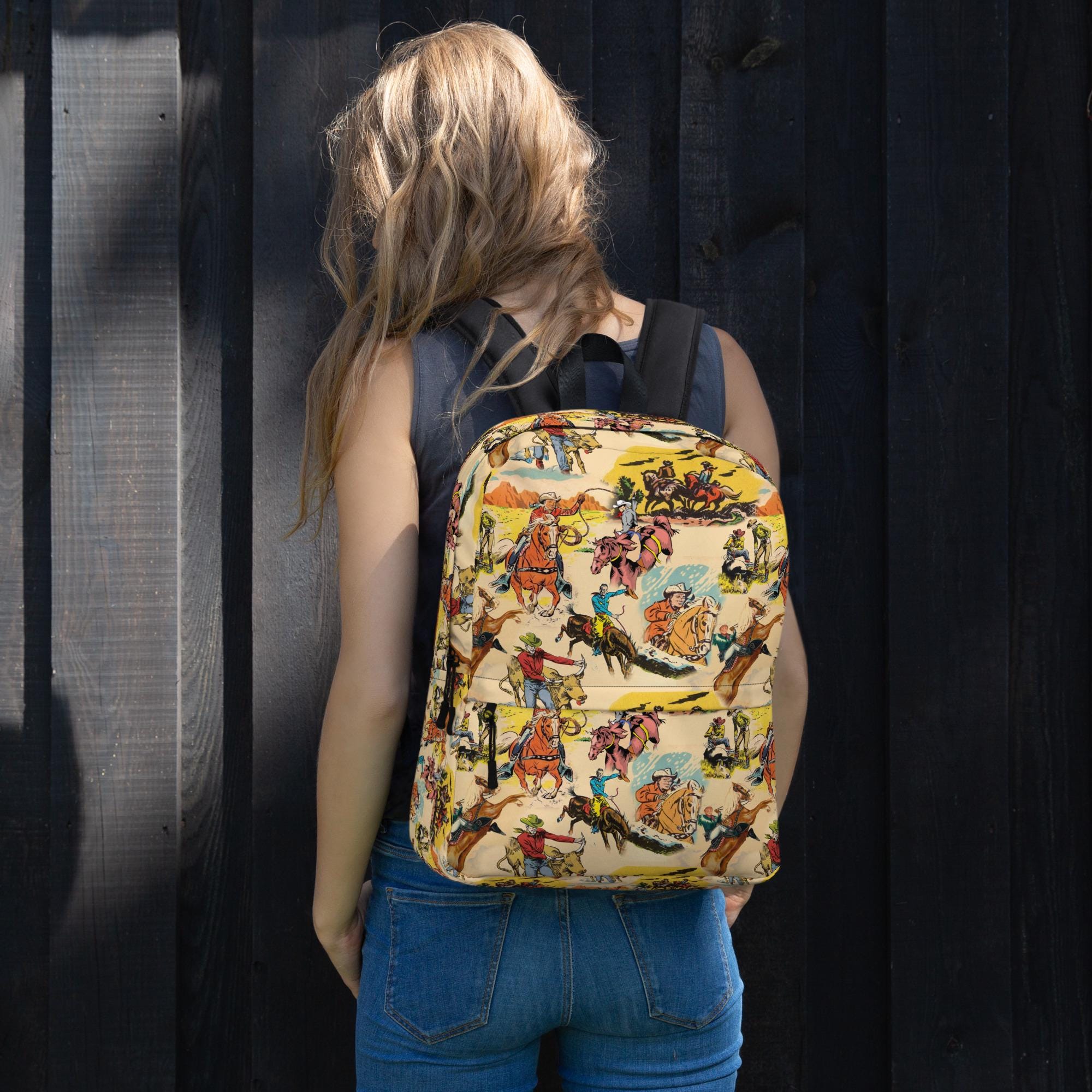 Vintage Cowboy Backpack, Western Laptop Backpack, Yellow Retro Cowboy Bag