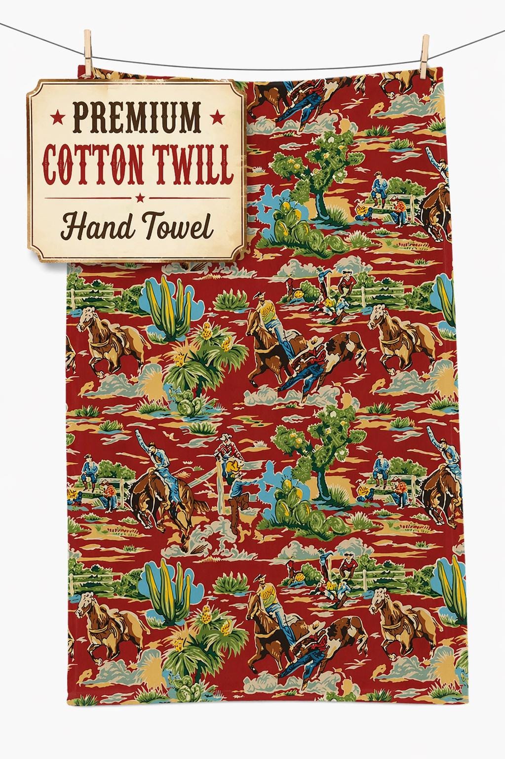 Red Desert Cowboy Hand Towel | Vintage Western Rodeo Kitchen Towel