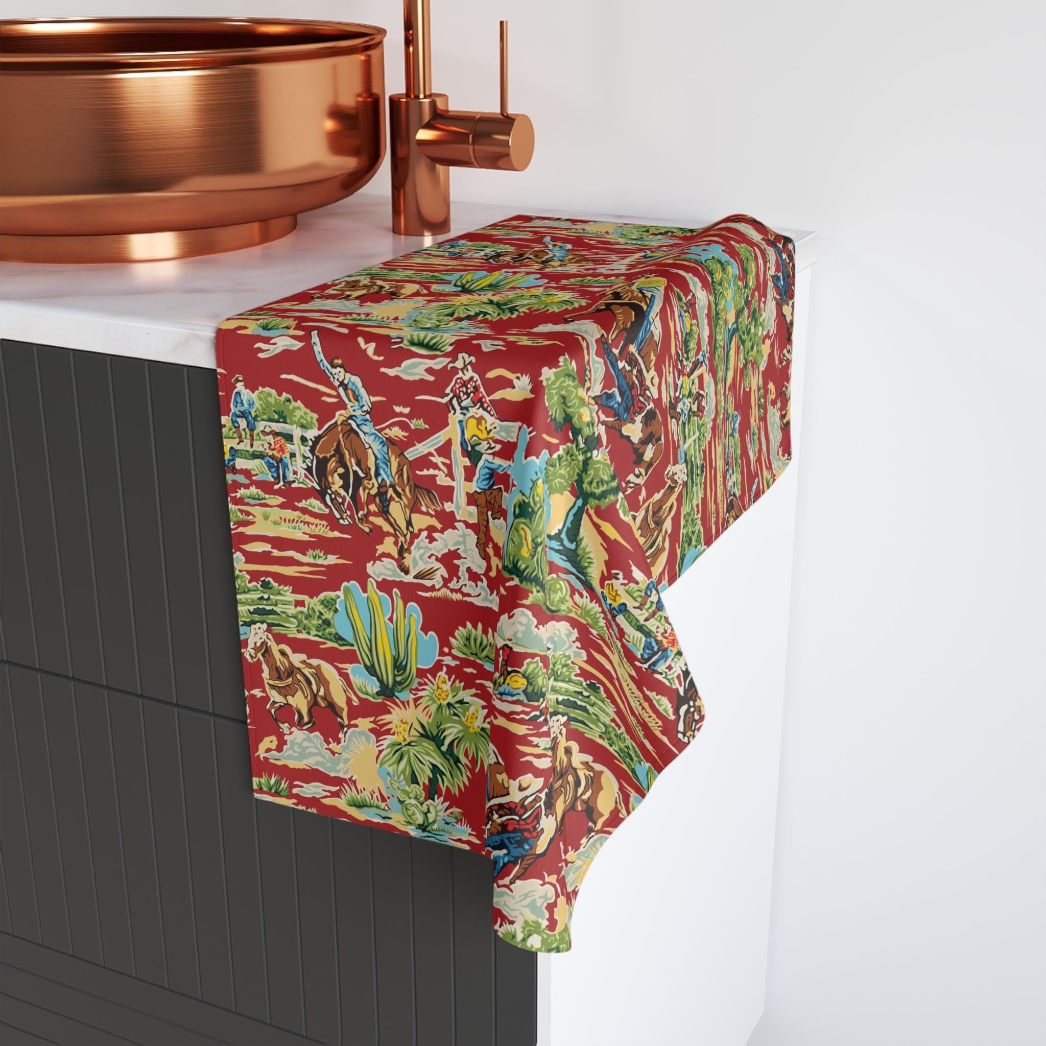 Red Desert Cowboy Hand Towel | Vintage Western Rodeo Kitchen Towel
