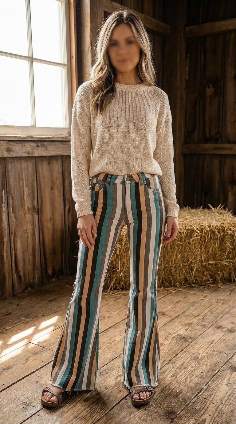 adult STRIPED Bell Bottom Jeans, Boho COWGIRL Frayed Flare Jeans