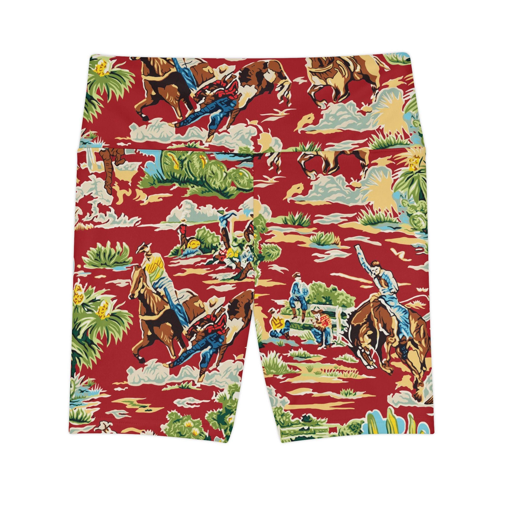 Red Cowboy Print Womens Biker Shorts, Western Rodeo Workout Shorts