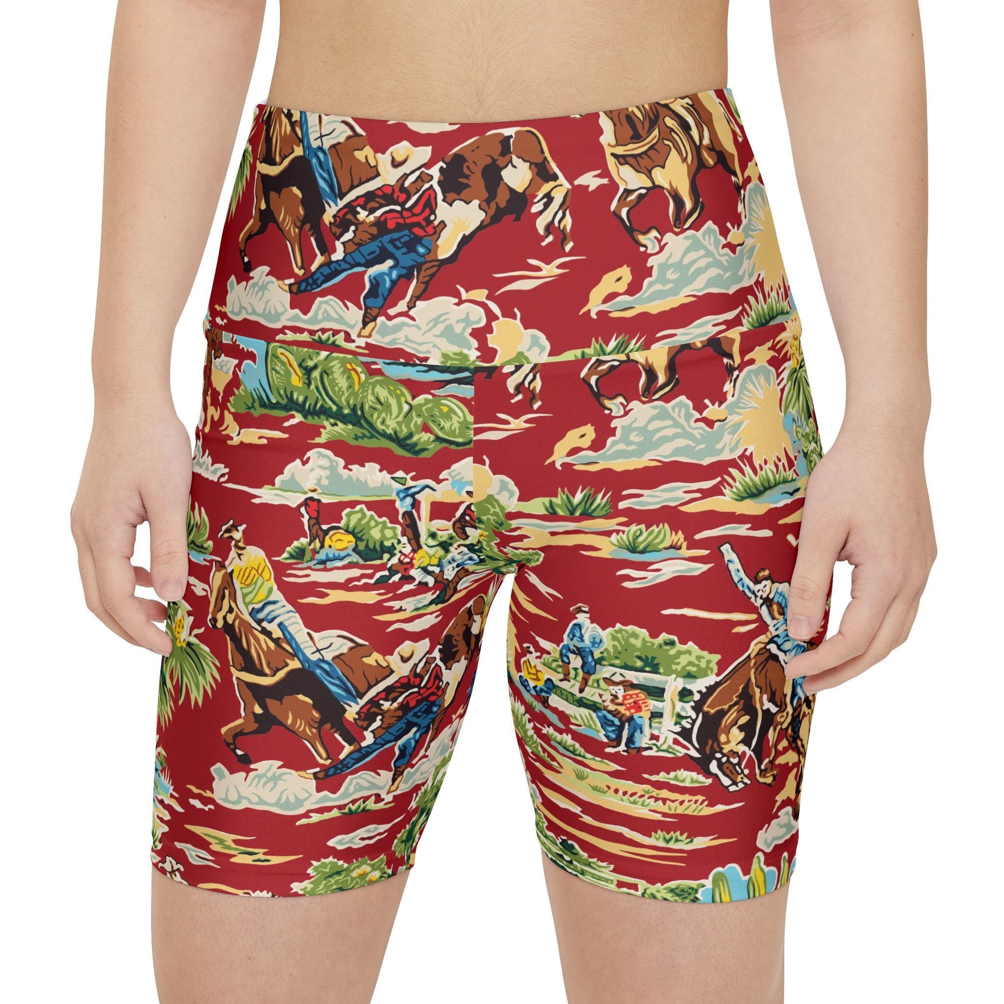 Red Cowboy Print Womens Biker Shorts, Western Rodeo Workout Shorts
