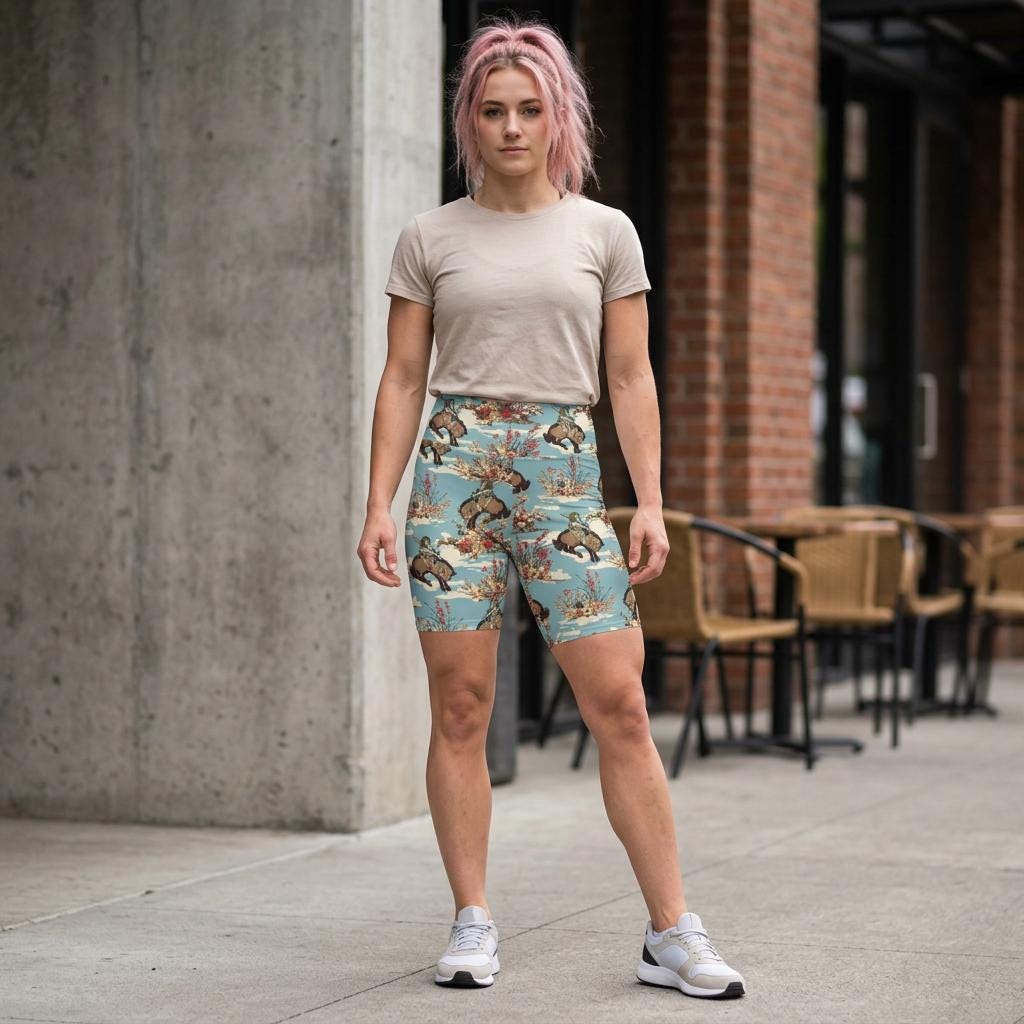 Turquoise Blue Cowboy Print Womens Biker Shorts, Western Rodeo Workout Shorts