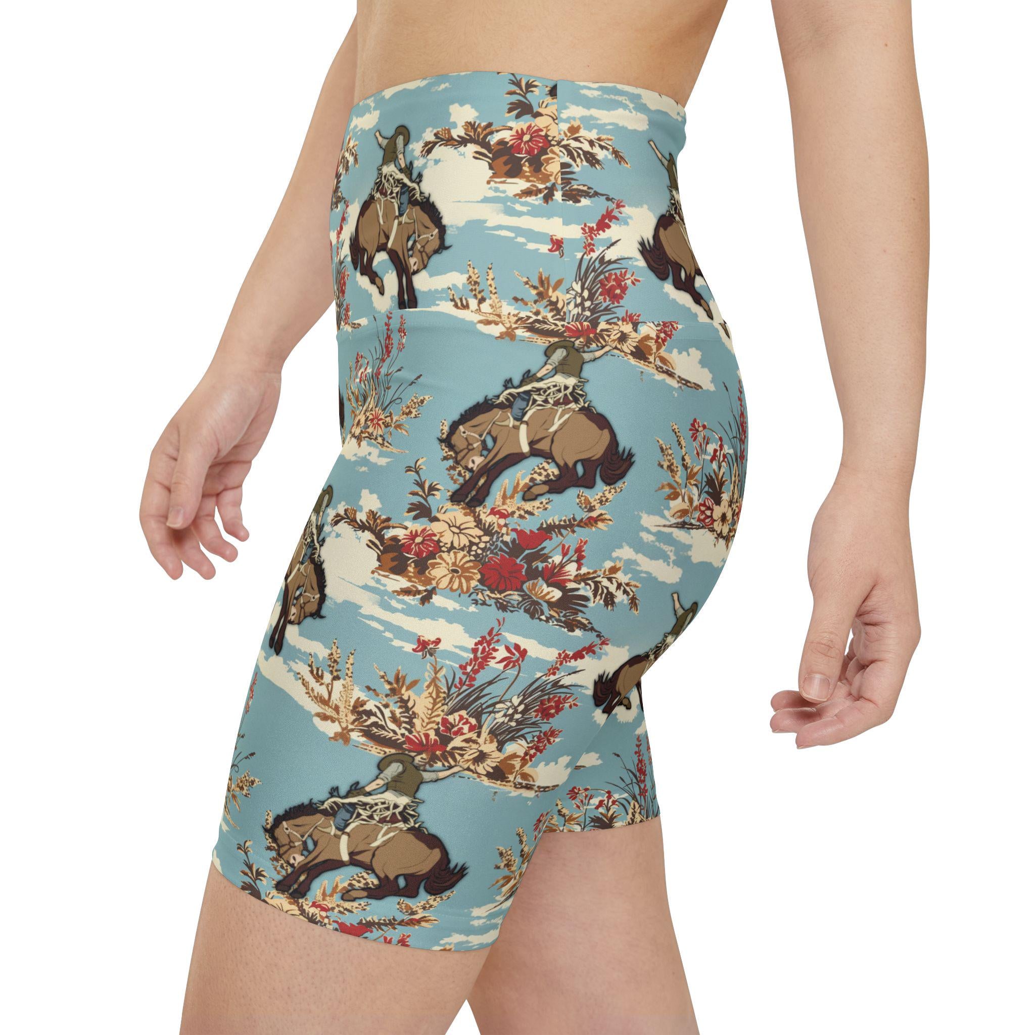 Turquoise Blue Cowboy Print Womens Biker Shorts, Western Rodeo Workout Shorts