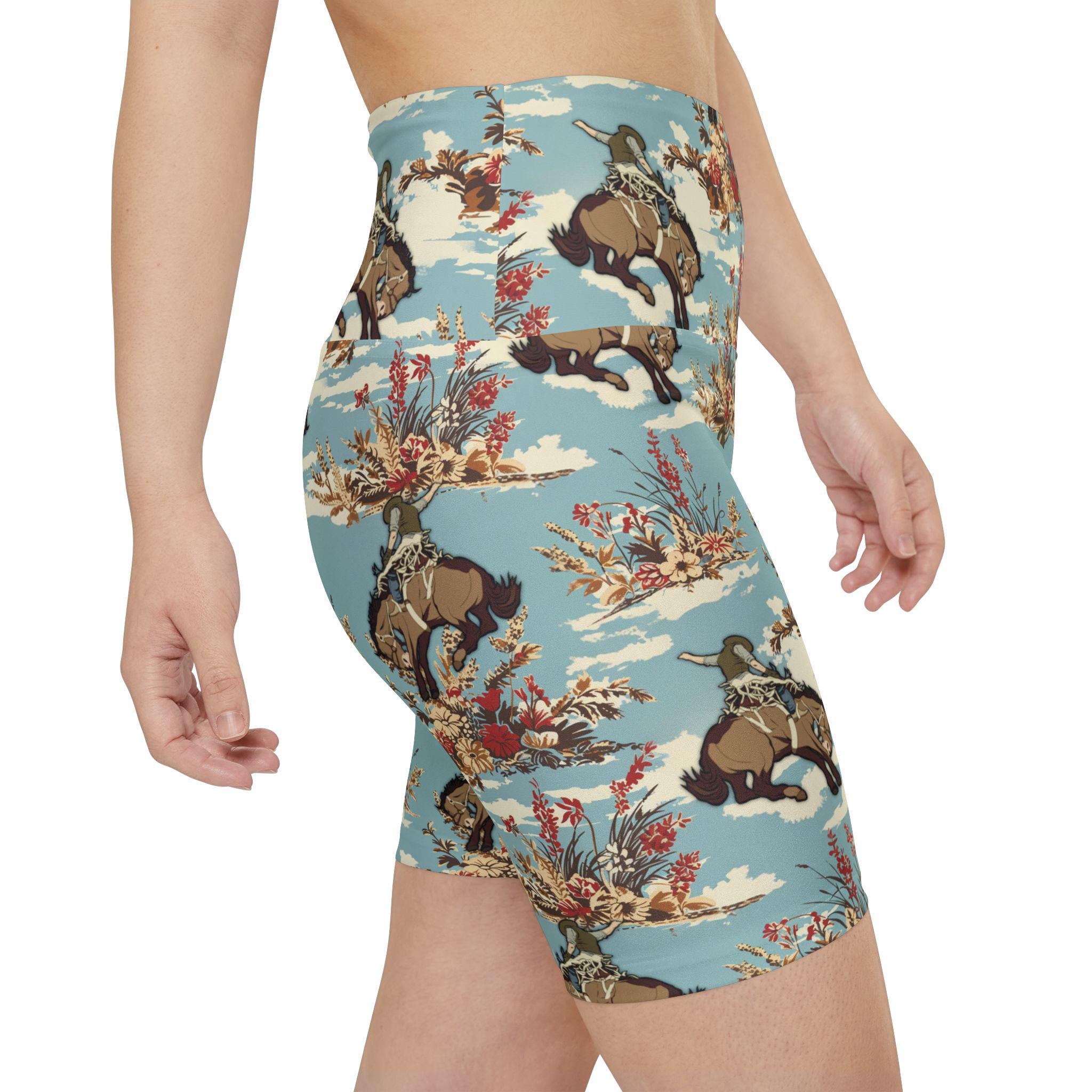 Turquoise Blue Cowboy Print Womens Biker Shorts, Western Rodeo Workout Shorts