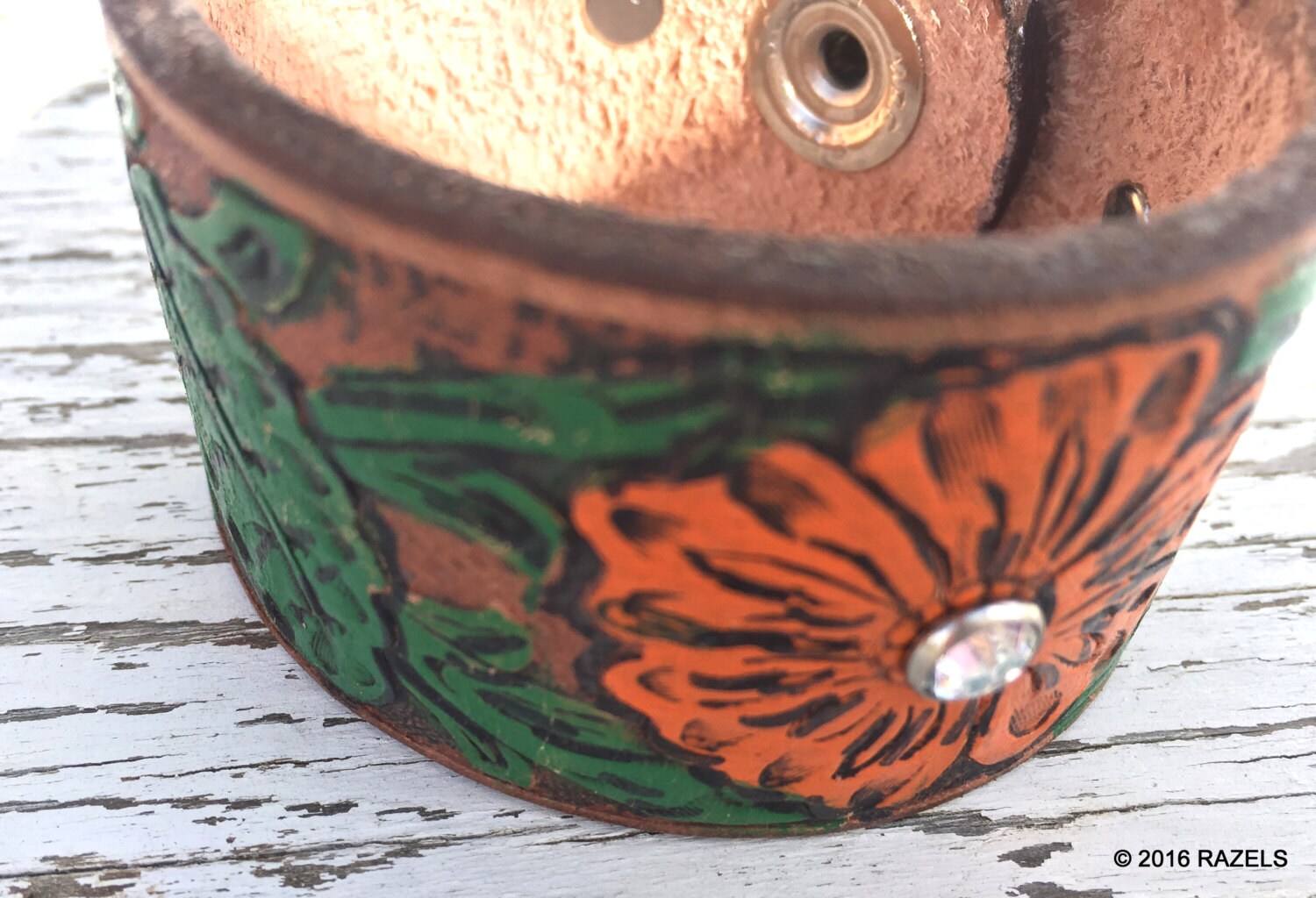 upcycled Leather Flower Cuff Bracelet Women's Upcycled Cuff orange blue flower leather bracelet -Razels