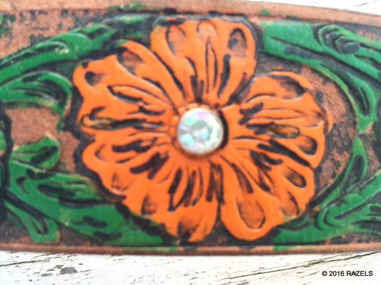 upcycled Leather Flower Cuff Bracelet Women's Upcycled Cuff orange blue flower leather bracelet -Razels