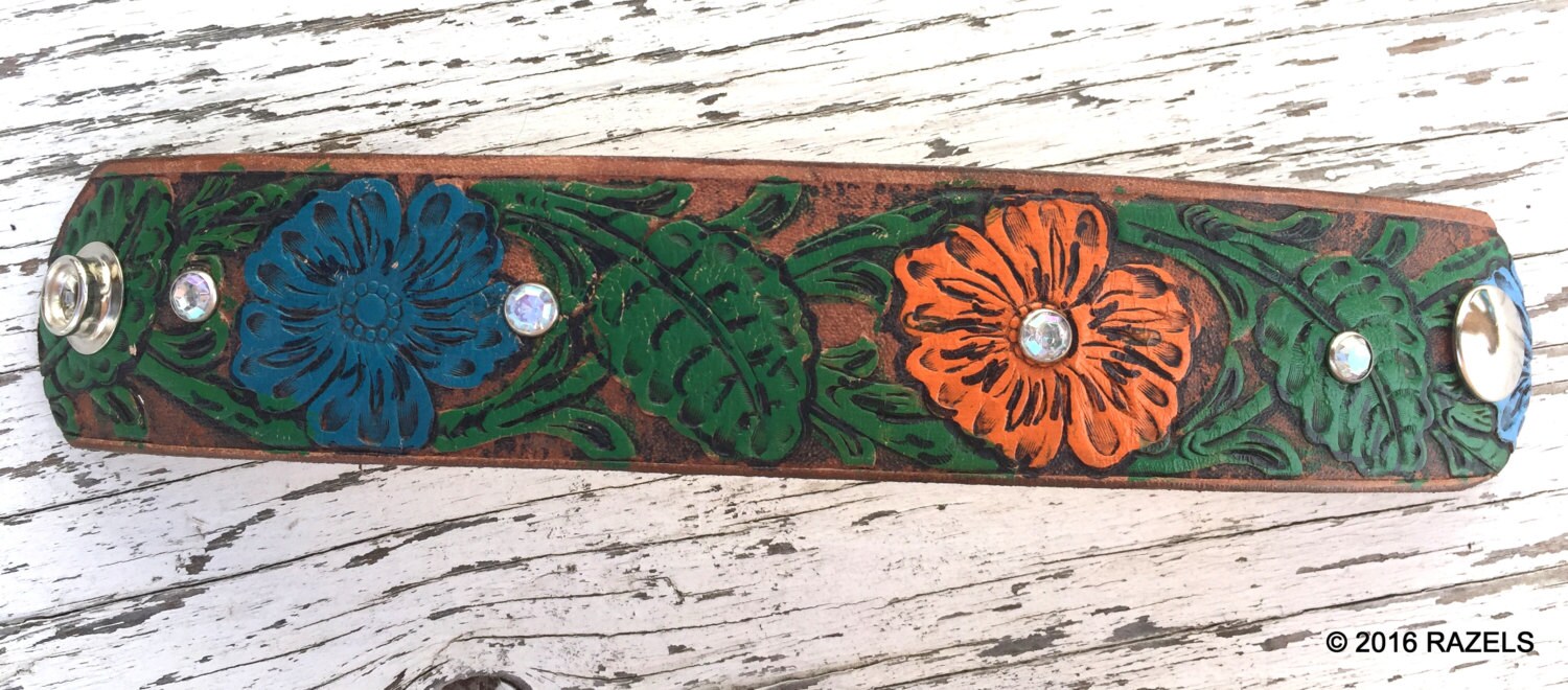 upcycled Leather Flower Cuff Bracelet Women's Upcycled Cuff orange blue flower leather bracelet -Razels