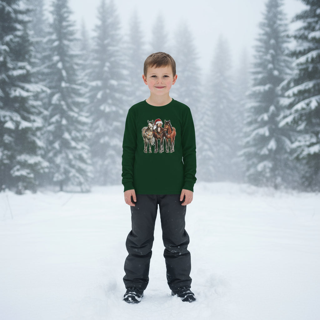 Green long-sleeve shirt with horse graphic on a white background