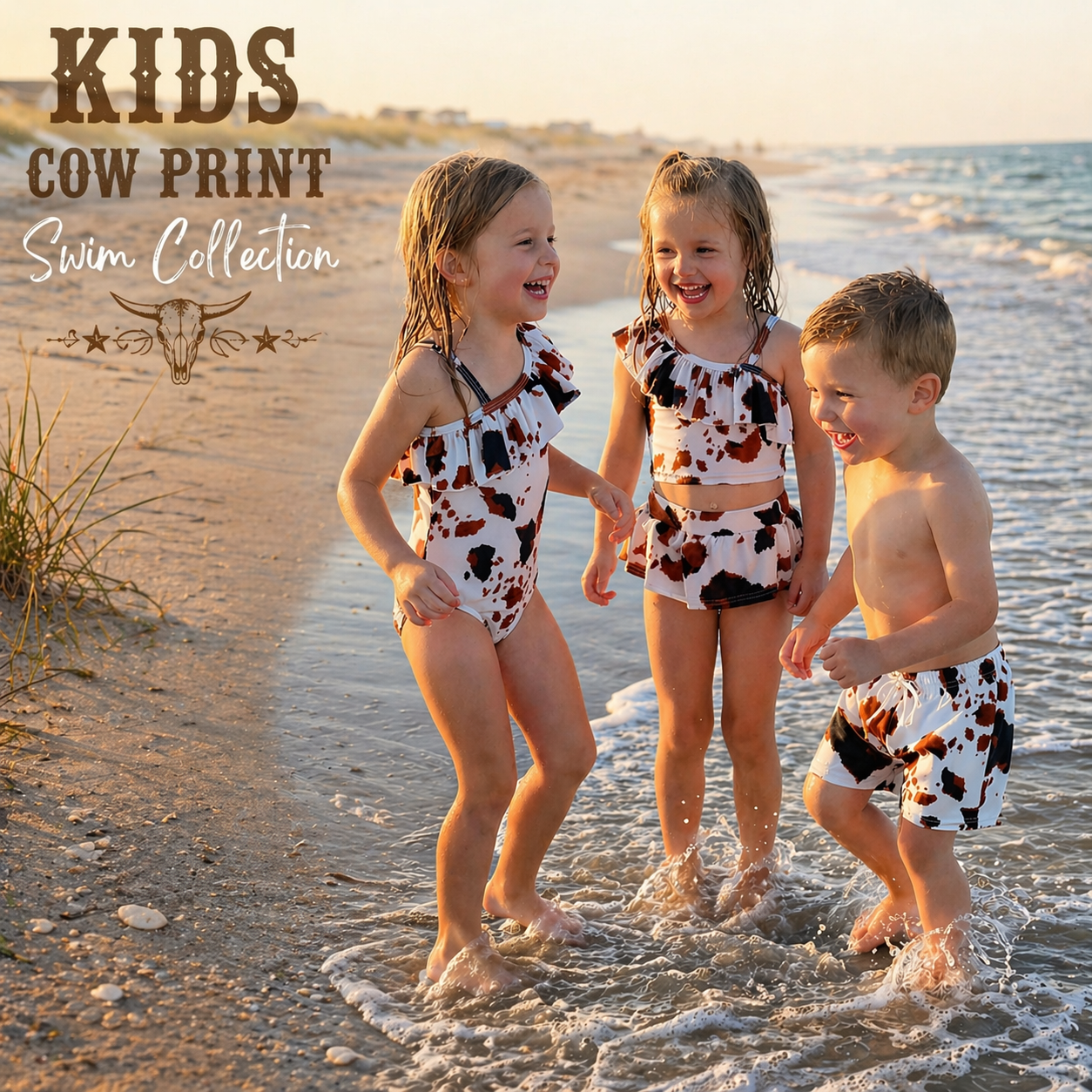 Three children in cow print swimsuits standing in shallow water on a beach. featuring a one piece, skirted tankini and boys swim trunks