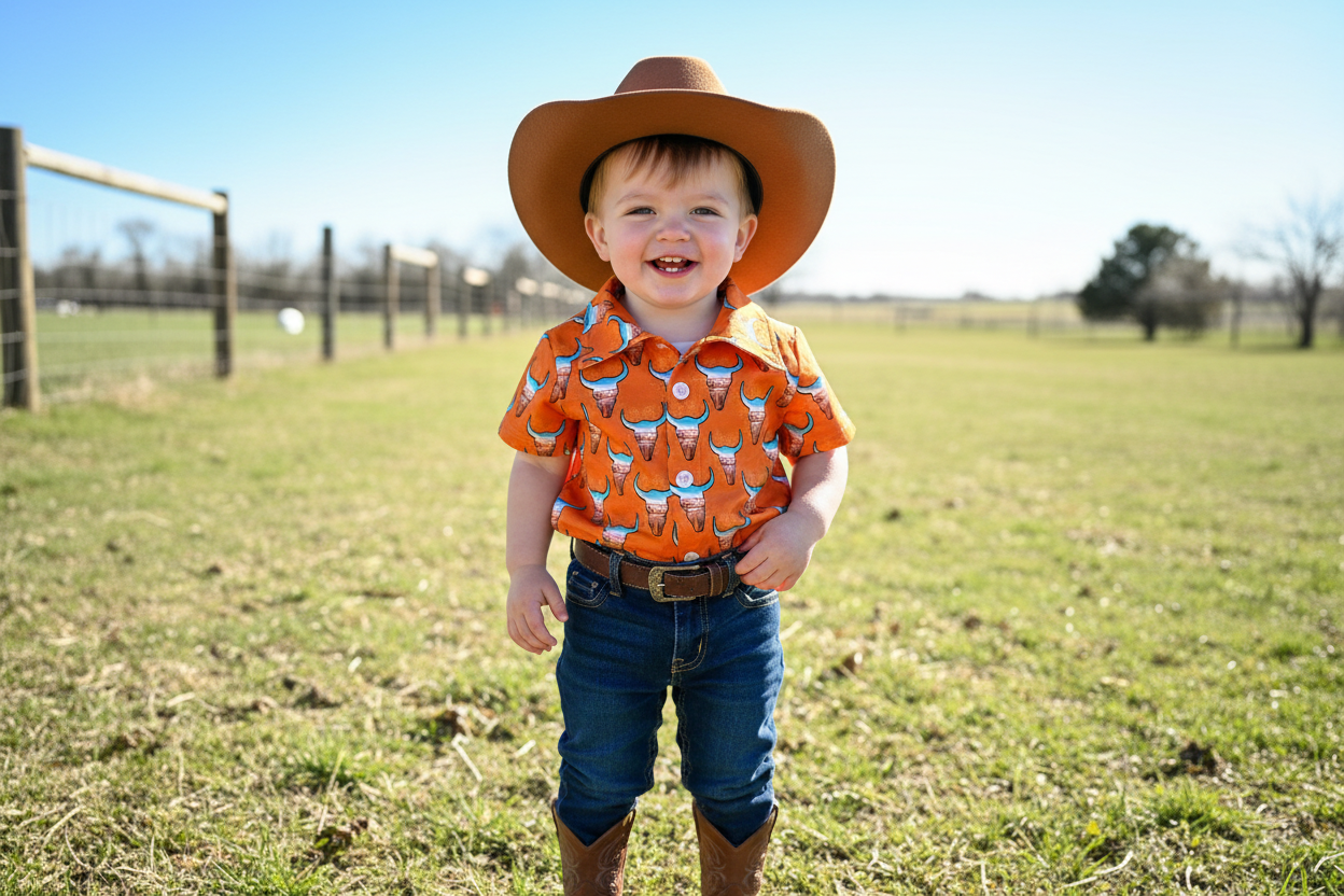 Child wearing an orange shirt with a pattern, blue jeans, and a brown cowboy hat standing in a grassy field.