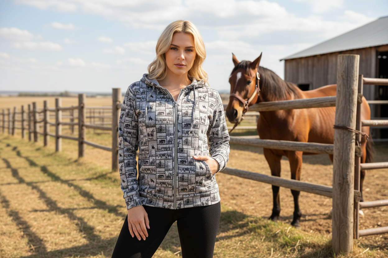 lightweight western zip up hoodie, cowgirl print shirt