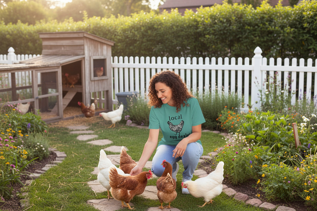 Person wearing a teal t-shirt with a chicken graphic and text on a white background