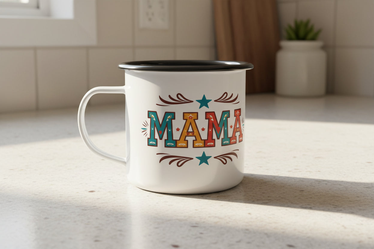 White mug with 'MAMA' in colorful letters sitting on counter