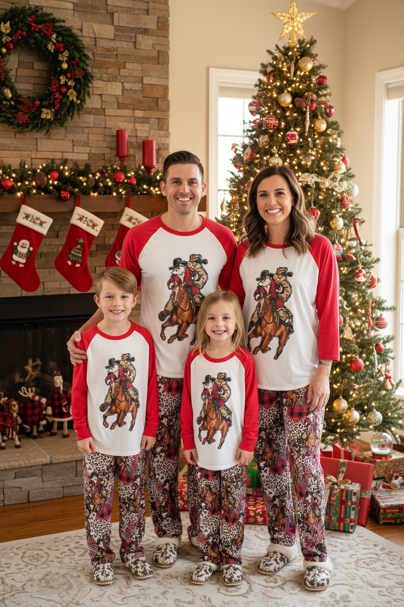 Family of four wearing matching pajamas in a festive living room with Christmas decorations.