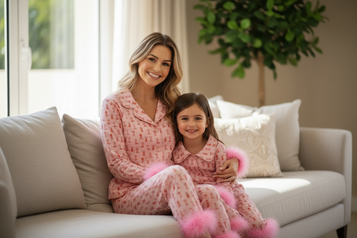 matching mom and duaghter loungewear, pink cowgirl boots