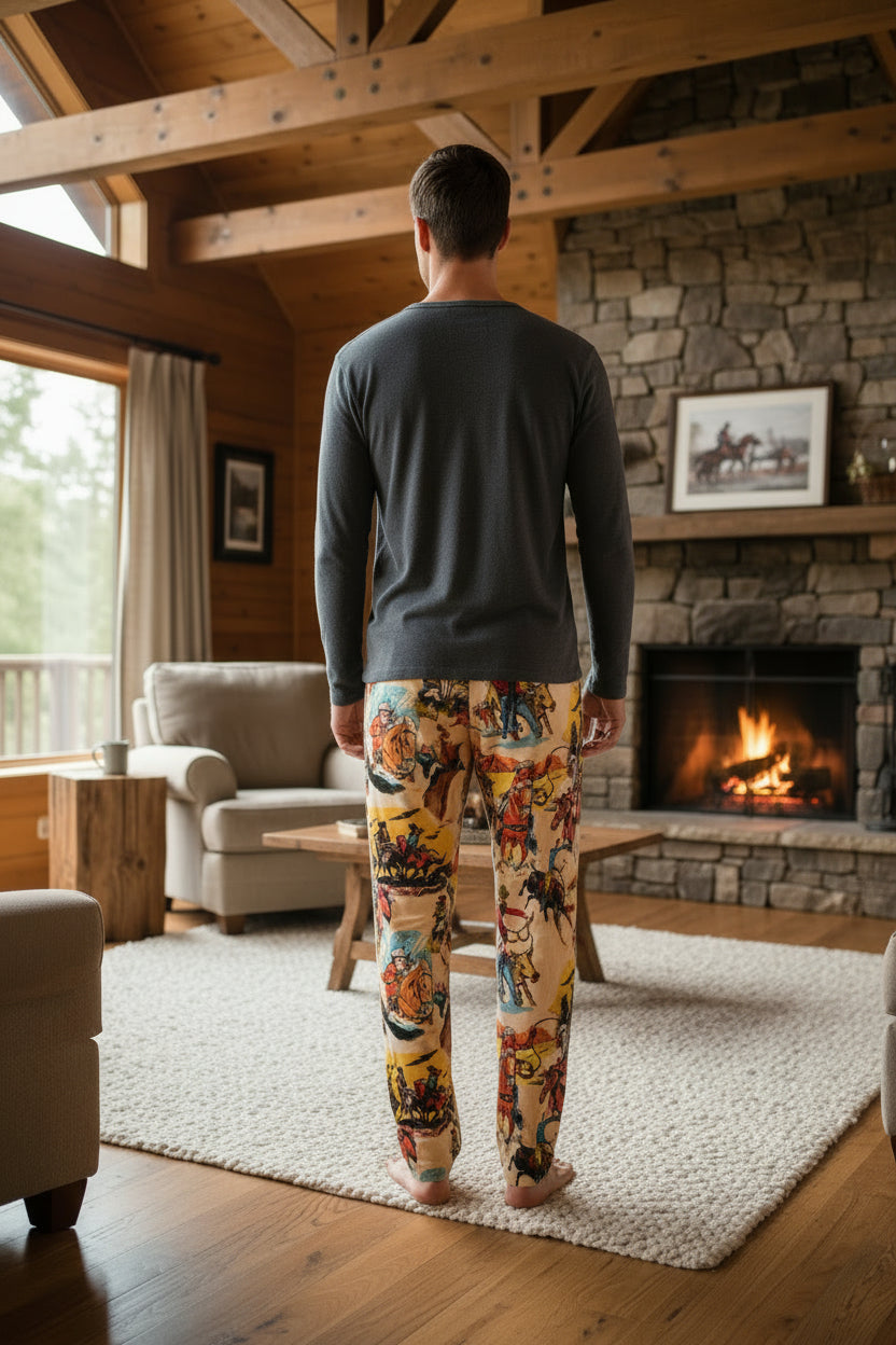 Man wearing colorful western pj pants standing in a cozy living room with a fireplace.