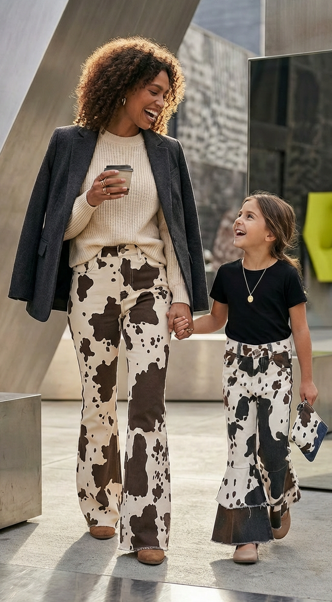 Woman and child holding hands wearing cow print pants in an urban setting