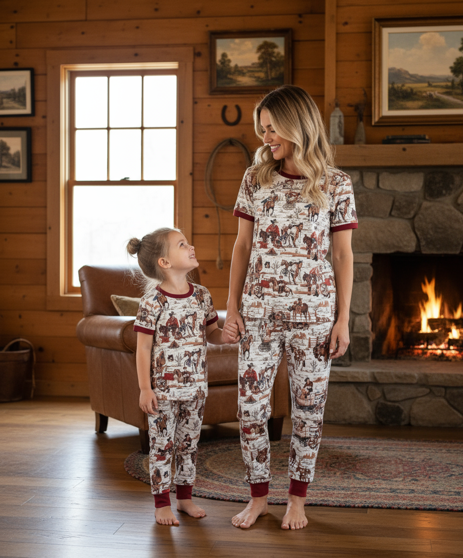 Mother and daughter wearing matching pajamas in a cozy living room with a fireplace.