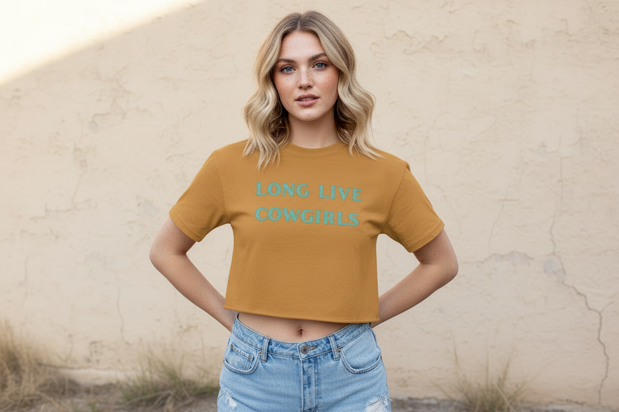 Person wearing a mustard yellow t-shirt with 'LONG LIVE COWGIRLS' text, standing against a graffiti-covered wall.