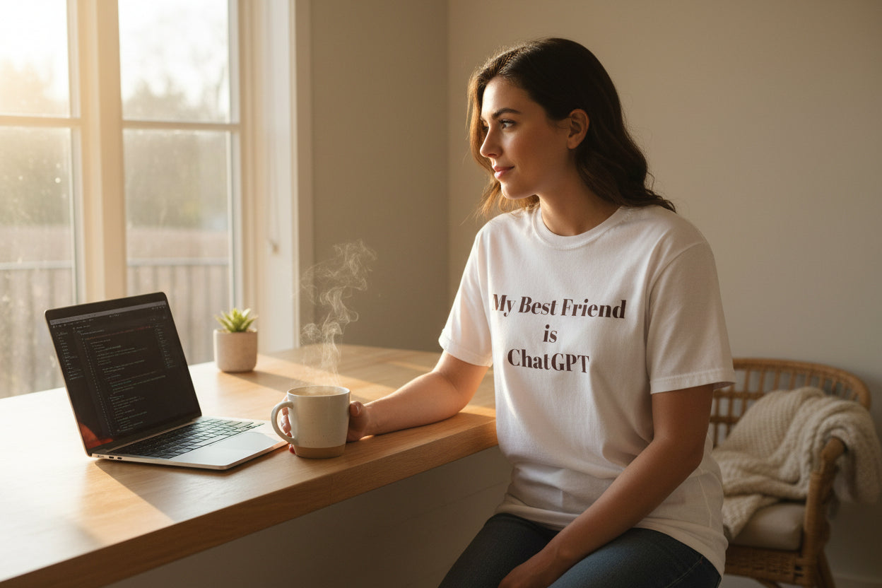 White t-shirt with 'My Best Friend is ChatGPT' text on a white background