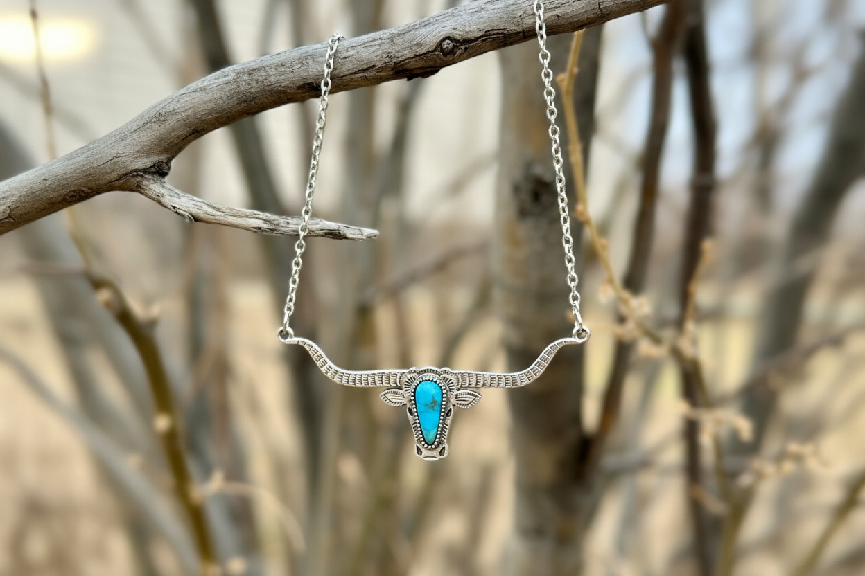 necklace with turquoise pendant and longhorn detail