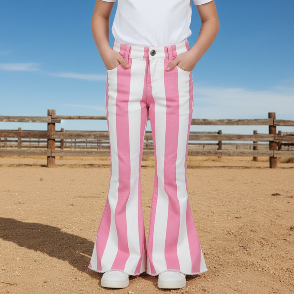 Girls Pink & White Striped Bell Bottom Jeans | Toddler–Big Kid Flare Pants | Valentine’s Day Outfit | Western Kids Boutique Denim | Razels