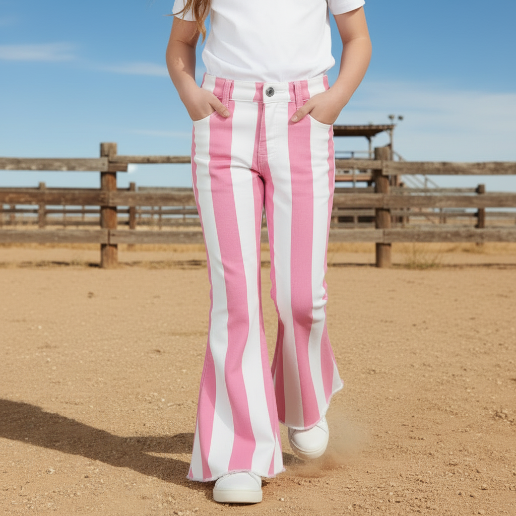 Person wearing pink and white striped pants standing in an open area with a wooden fence and blue sky.