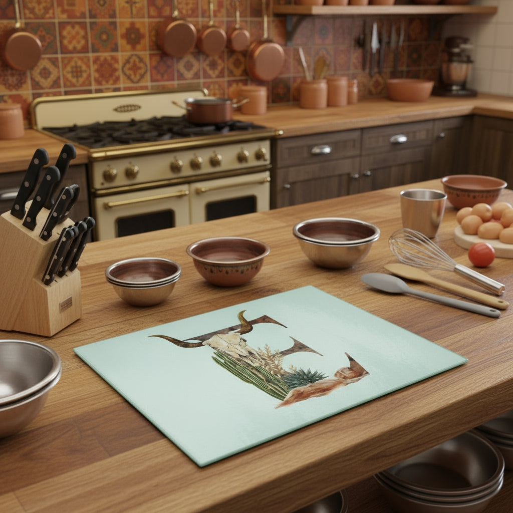 Decorative mat with a bull skull, cactus, and longhorns on a light blue background