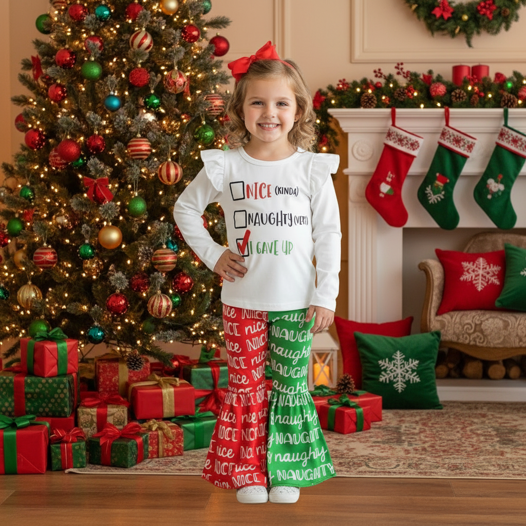 Child wearing Christmas-themed pajamas in a festive living room with a tree and stockings.