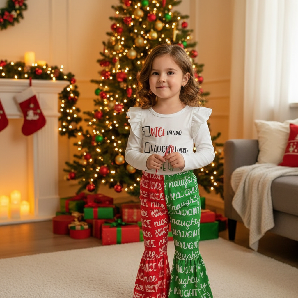 Child wearing Christmas-themed pajamas in a festive living room with a decorated tree and presents.