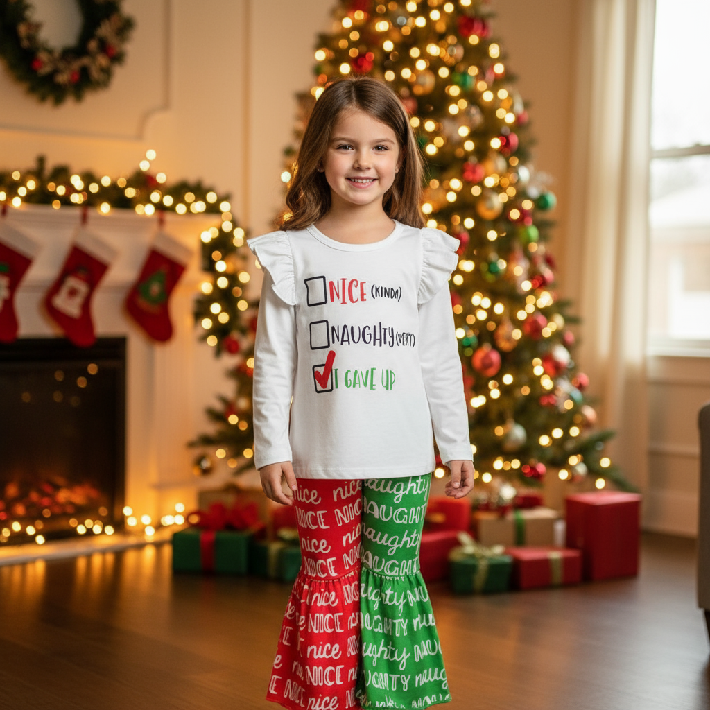 Children's outfit with a white shirt and red and green pants that say nice and naughty