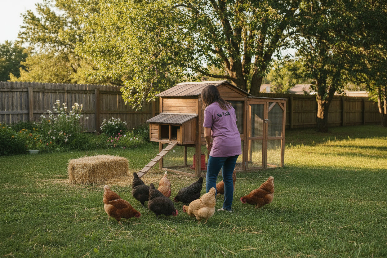 Purple t-shirt with 'No Yolk' text on the back against a white background
