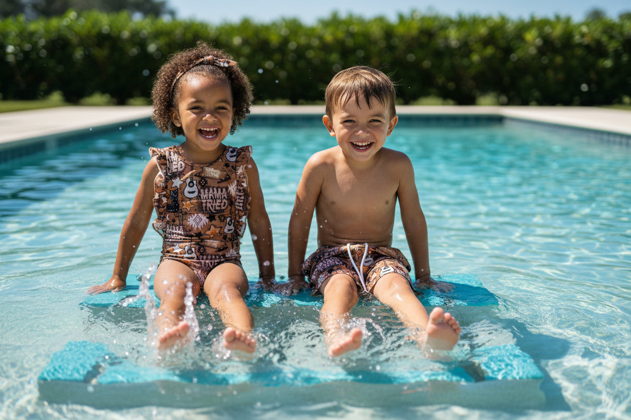 boy and girl in pool wearing one piece and boys trunks mama tried western swimsuit