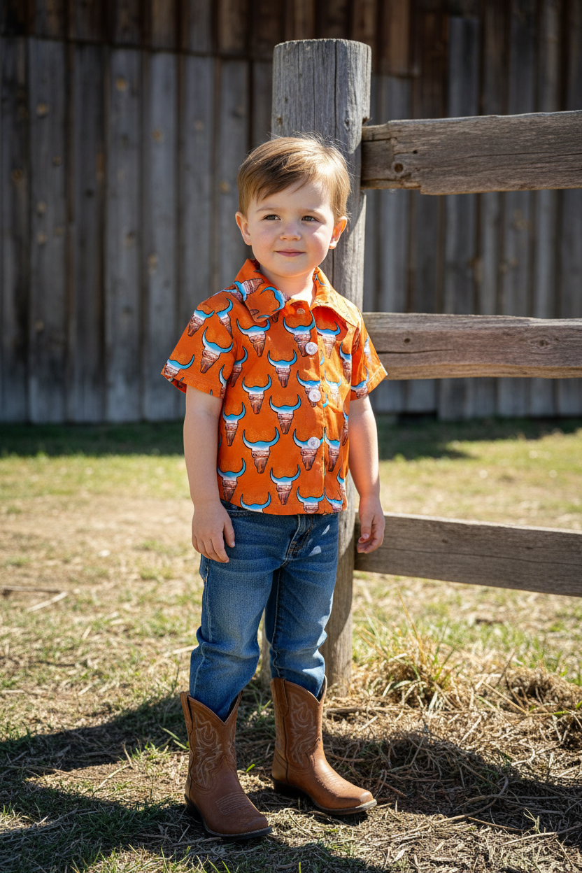 Kids Western Button-Up Shirt | Orange Steer Head Rodeo Shirt