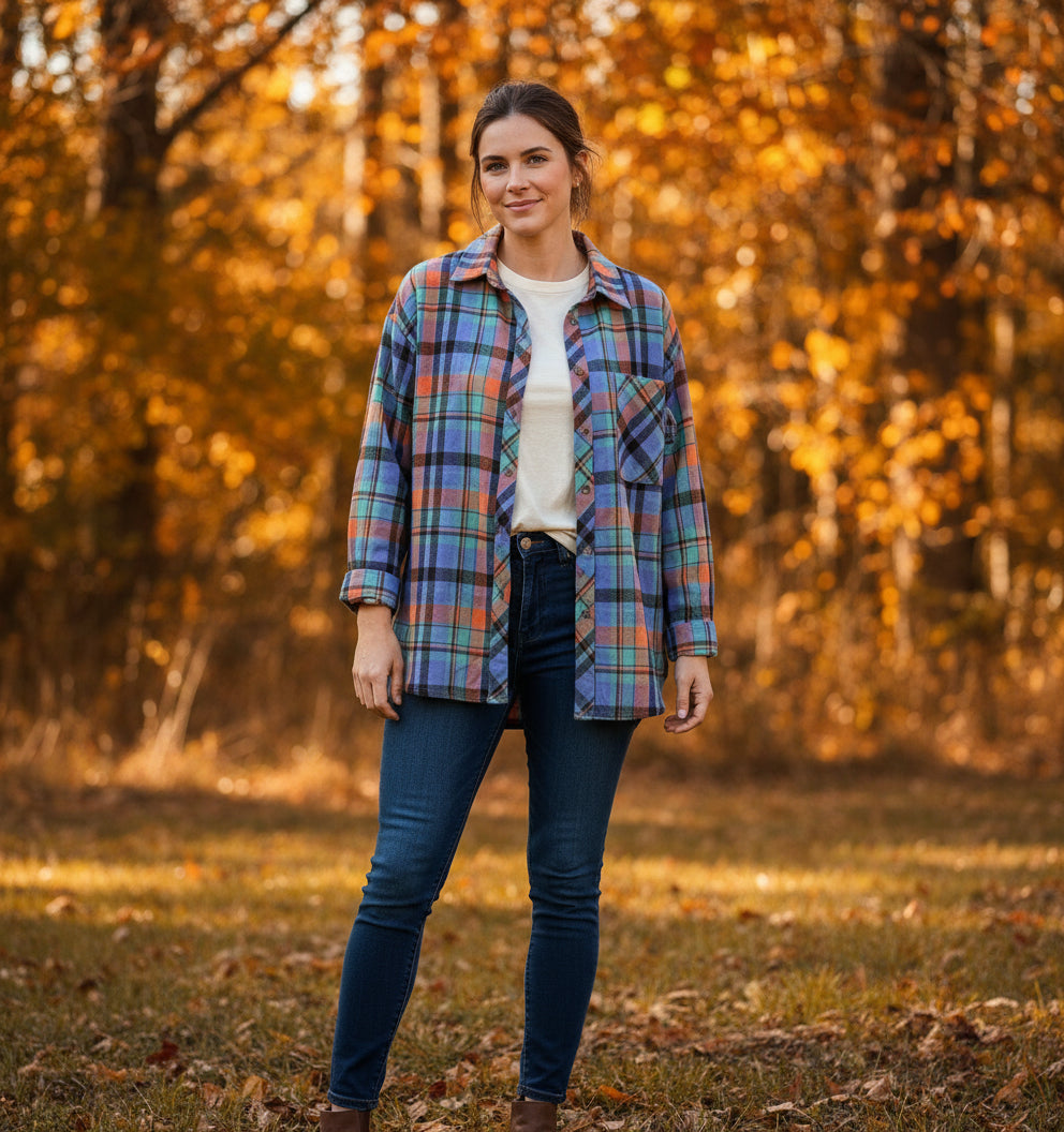 orange plaid button down shirt for women