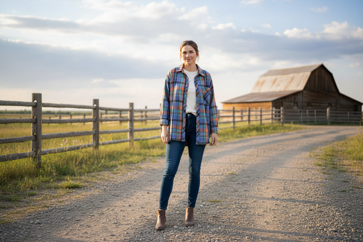 orange plaid button down shirt for women