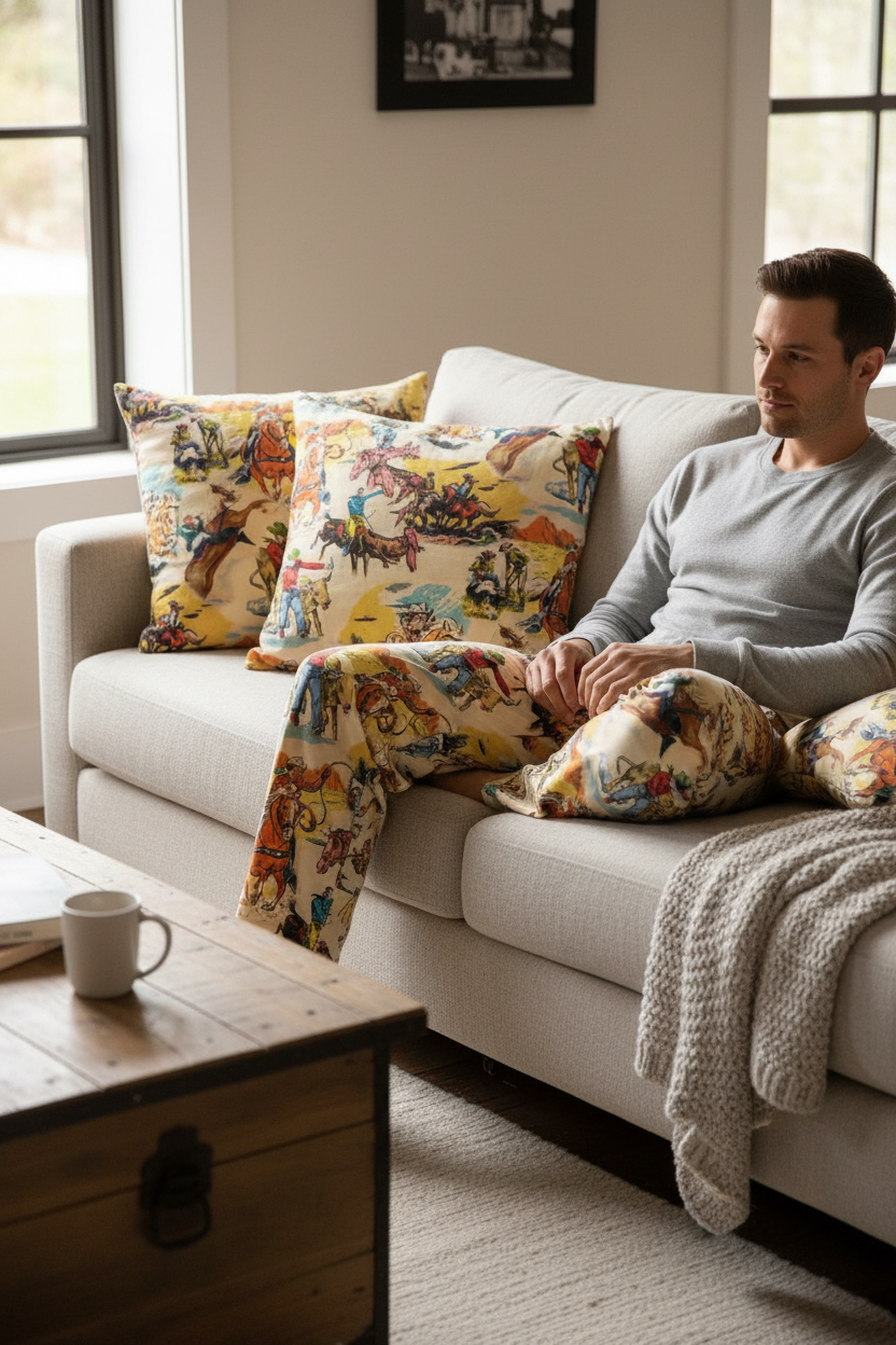 man wearing vintage cowboy pajamas on couch with matching vintage cowboy pajama throw pillows
