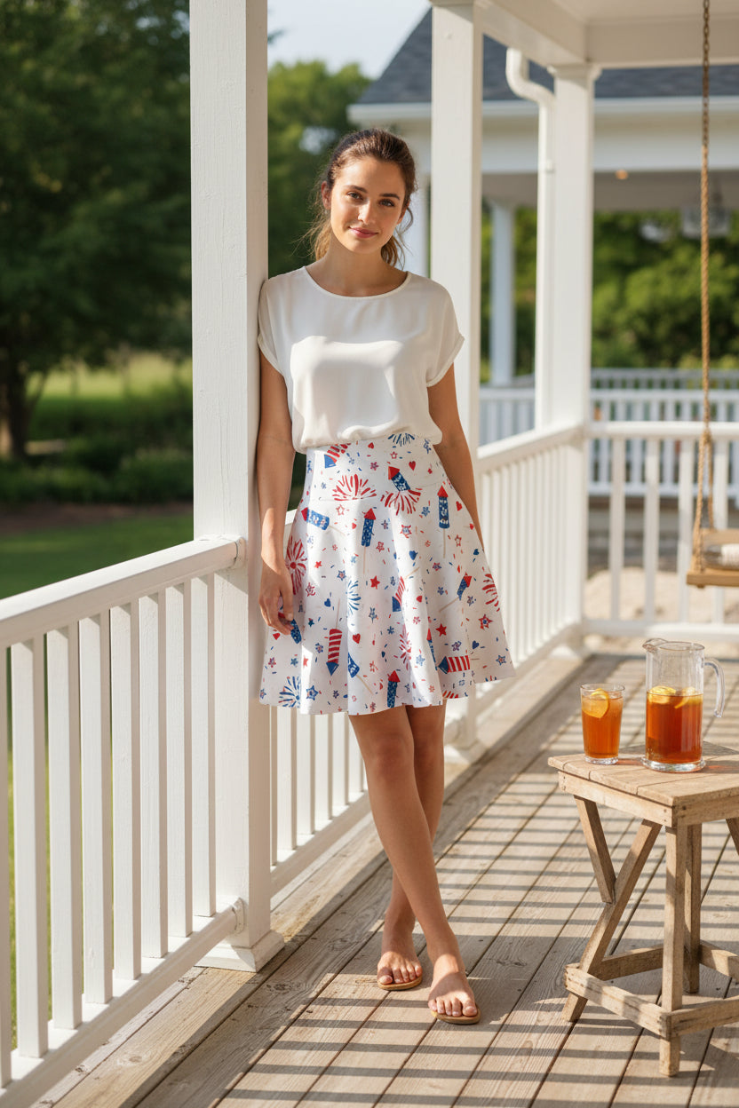 woman wearing a Skirt with patriotic pattern on a white porch