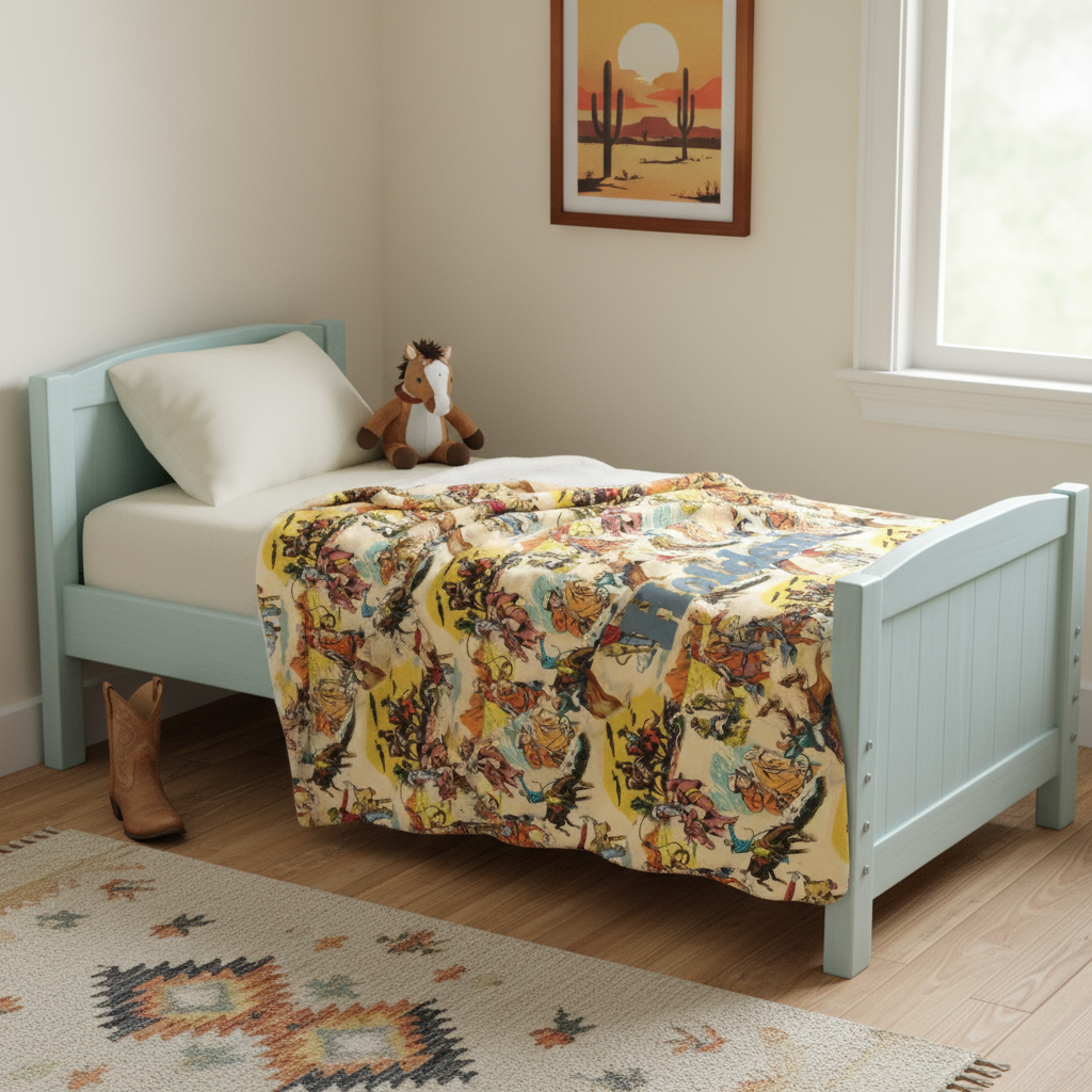Children's bedroom with a bed featuring a colorful quilt and a framed picture on the wall.