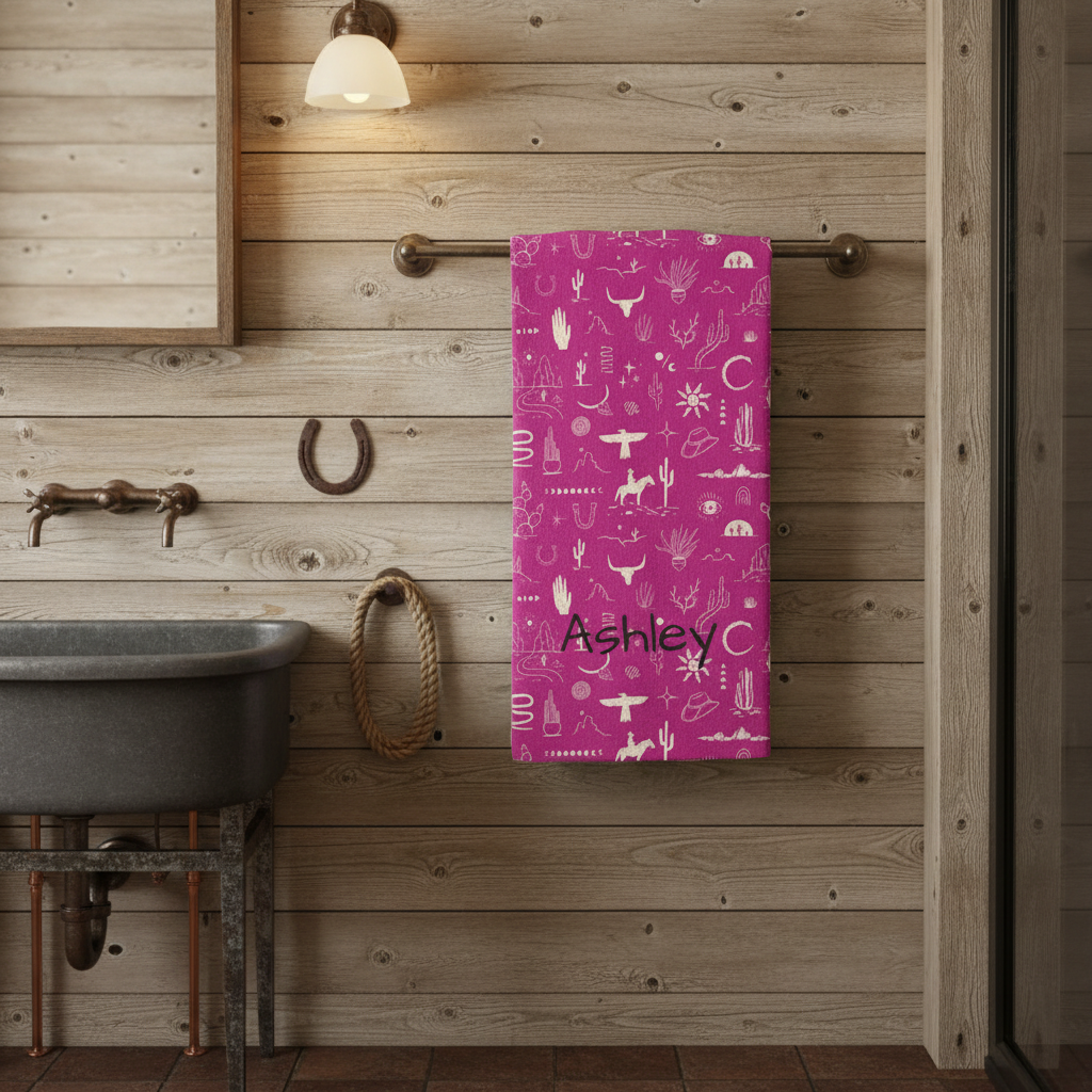 Pink towel with white patterns hanging on a wooden wall in a rustic bathroom.