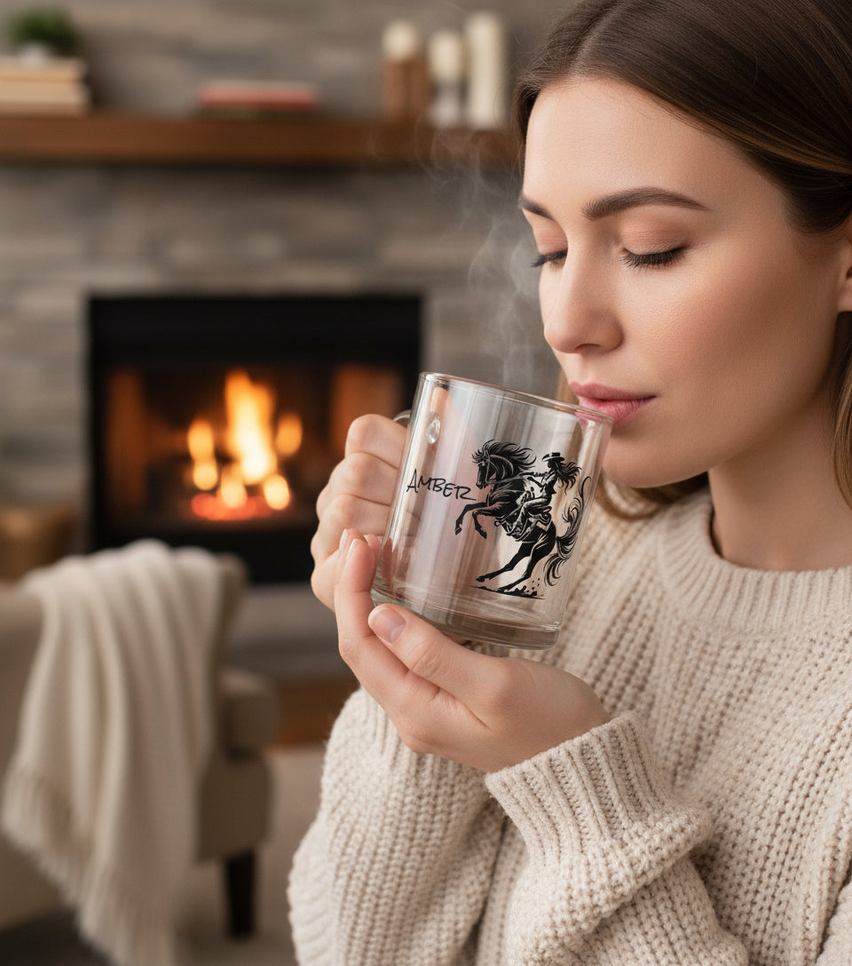 Clear mug with horse design and 'Amber' text held by a hand on a white background