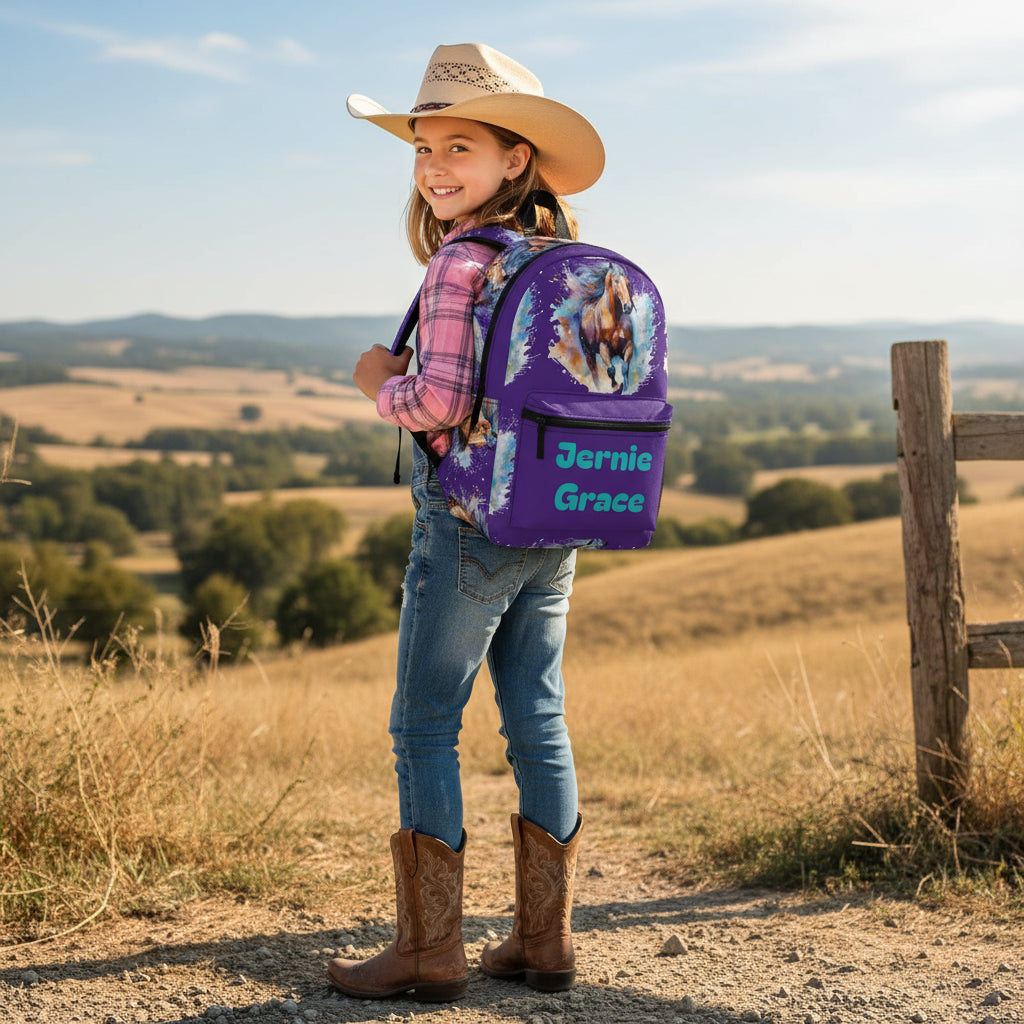 Purple backpack with a horse design and 'Jernie Grace' text on a white background