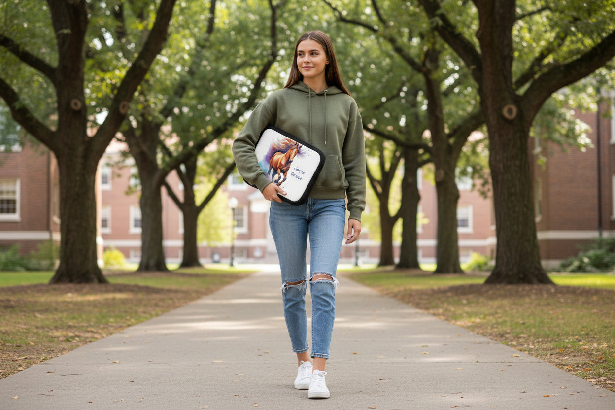 teen carrying personalized horse laptop sleeve