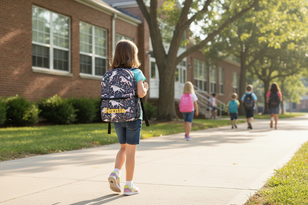 Child with a backpack walking on a sidewalk in front of a school building.